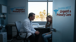 : A doctor in a white coat consults with a weary patient in a cool, modern office at Sahara West Urgent Care, with a shimmering Las Vegas desert landscape visible through the window.