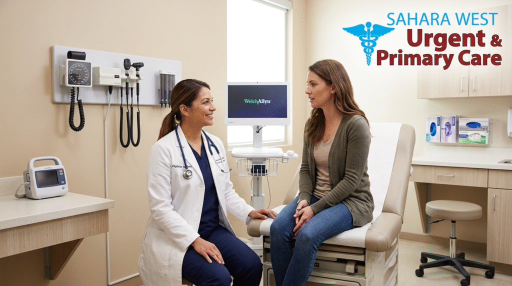 Doctor consulting a patient in a modern exam room at Sahara West Urgent & Primary Care for affordable non-emergency medical treatment.