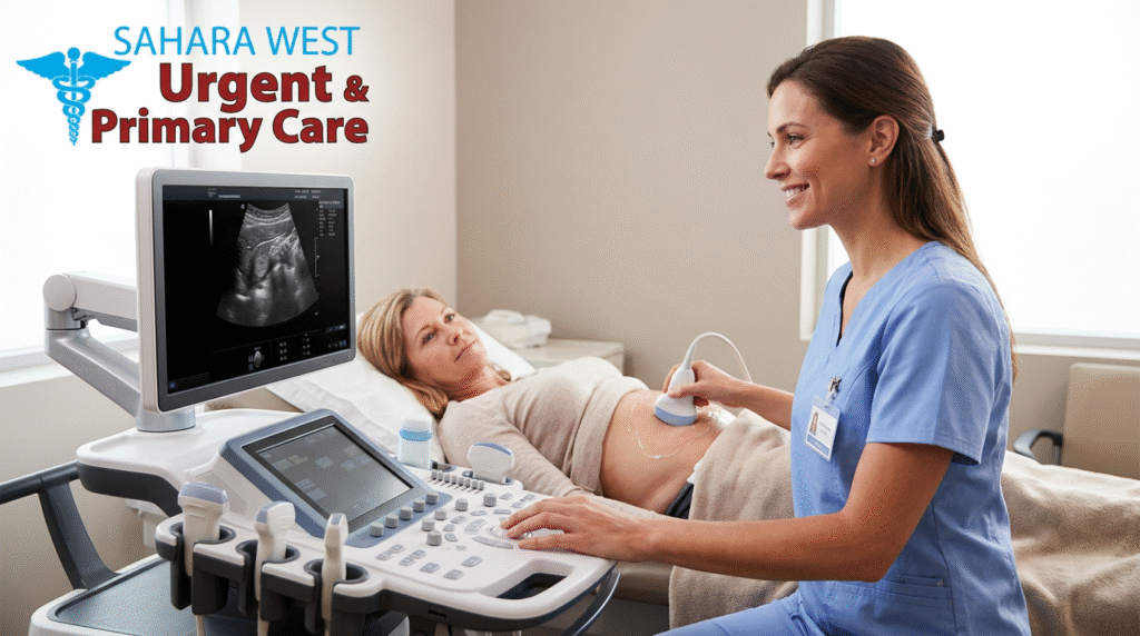Sonographer performing a diagnostic ultrasound scan for a patient at Sahara West Urgent & Primary Care.