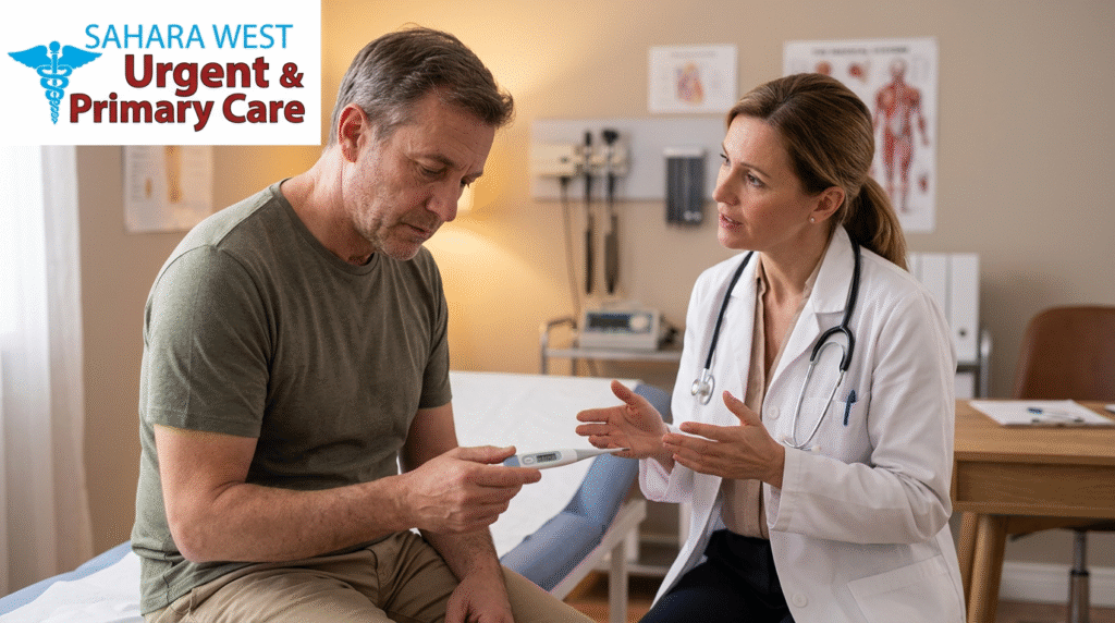 Doctor consulting a patient with normal body temperature about non-fever illness symptoms at Sahara West Urgent & Primary Care.
