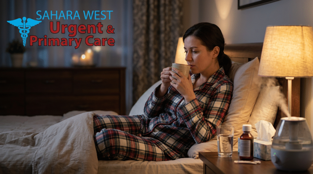 Patient managing nighttime cough and congestion in a cozy bedroom with Sahara West Urgent & Primary Care branding.