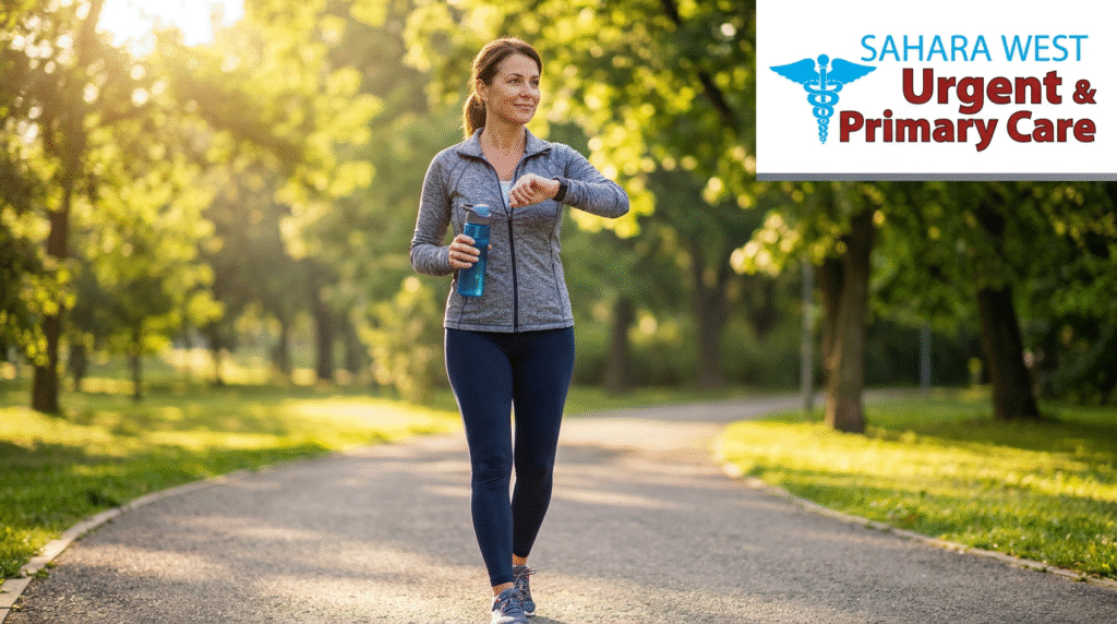 Individual taking a gentle walk and monitoring heart rate during flu recovery with Sahara West Urgent & Primary Care branding.