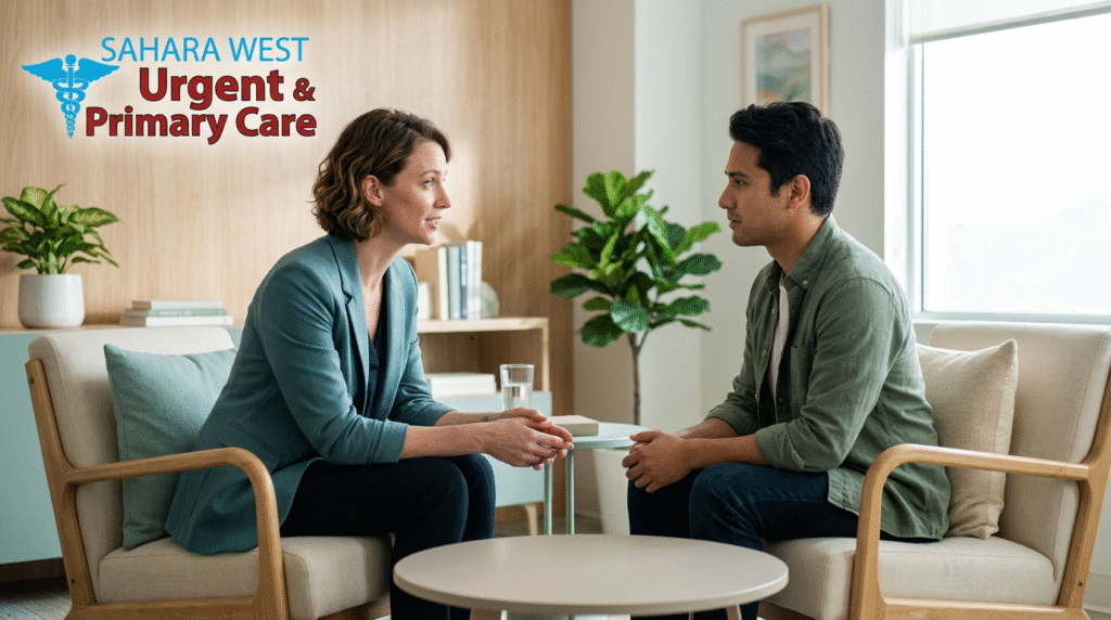 Compassionate doctor listening to a patient during a mental health consultation at Sahara West Urgent & Primary Care.