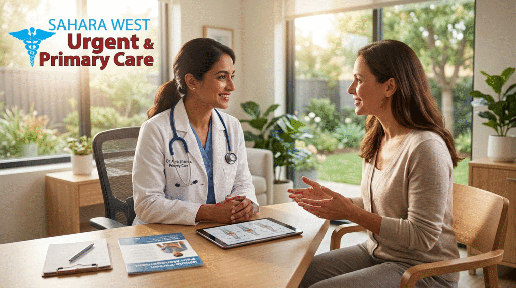 Healthcare provider consulting a patient on chronic pain management and mental resilience at Sahara West Urgent & Primary Care.