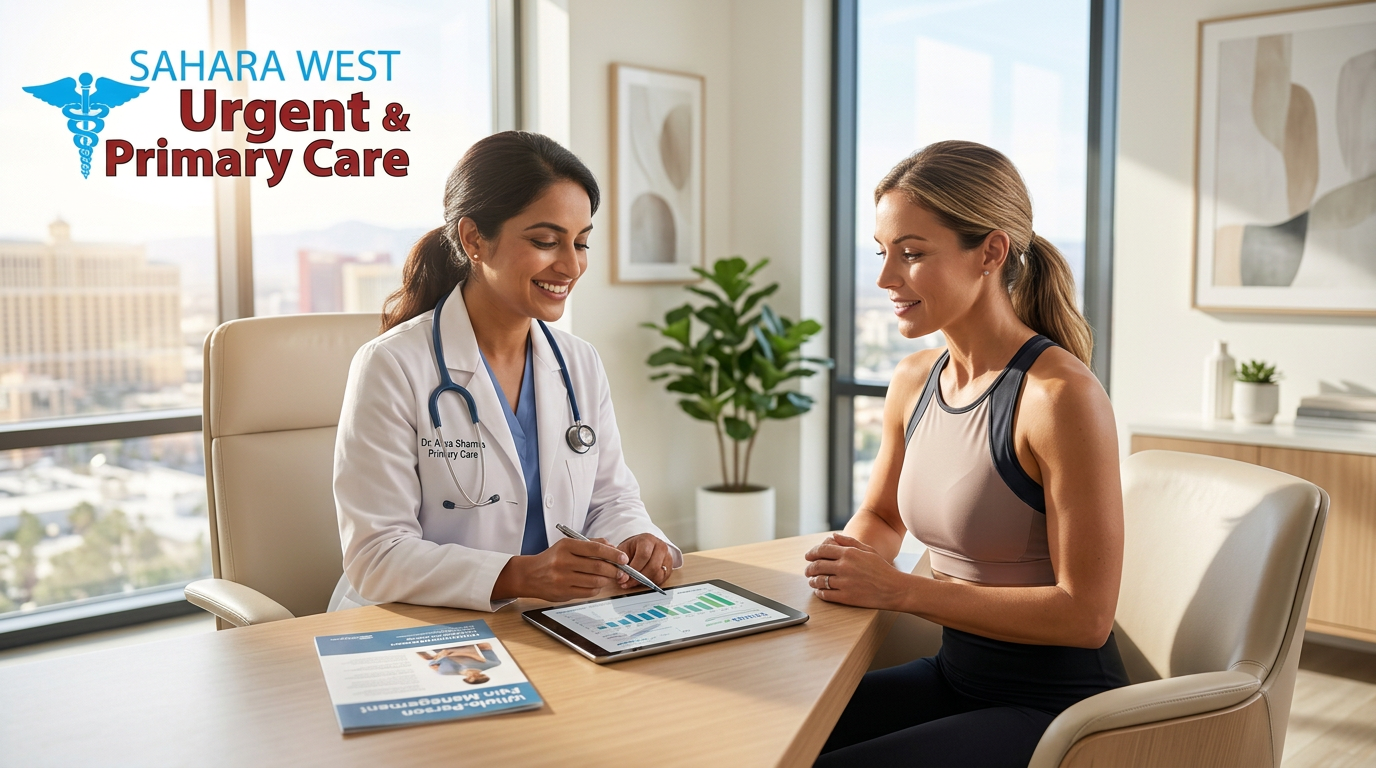 A patient and healthcare provider discussing a mental health evaluation in a modern, quiet consultation office at Sahara West Urgent & Primary Care.