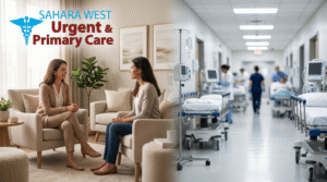 A split-screen comparison of a calm psychiatric urgent care consultation vs a busy hospital ER, featuring Sahara West Urgent & Primary Care branding.