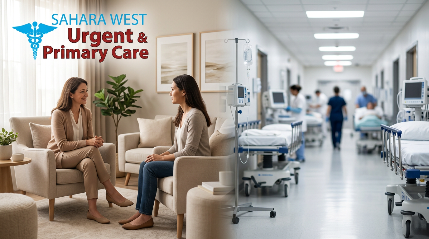 A split-screen comparison of a calm psychiatric urgent care consultation vs a busy hospital ER, featuring Sahara West Urgent & Primary Care branding.