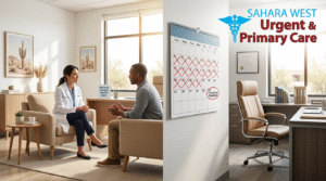 Side-by-side comparison of a same-day mental health consultation at Sahara West Urgent Care versus a calendar showing long wait times for traditional psychiatry.