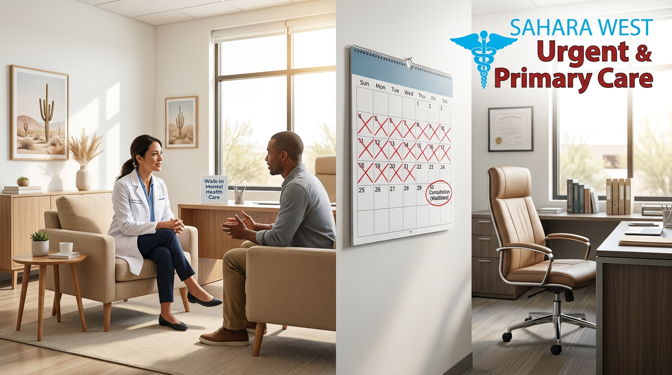 Side-by-side comparison of a same-day mental health consultation at Sahara West Urgent Care versus a calendar showing long wait times for traditional psychiatry.