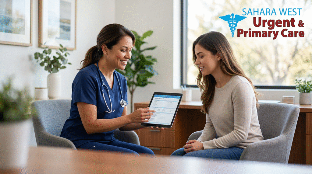 A patient and healthcare provider discussing a mental health evaluation in a modern, quiet consultation office at Sahara West Urgent & Primary Care.