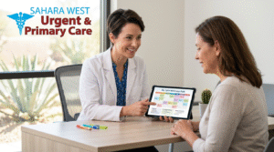 A primary care doctor and patient reviewing a yearly health wellness schedule on a tablet at Sahara West Urgent & Primary Care.