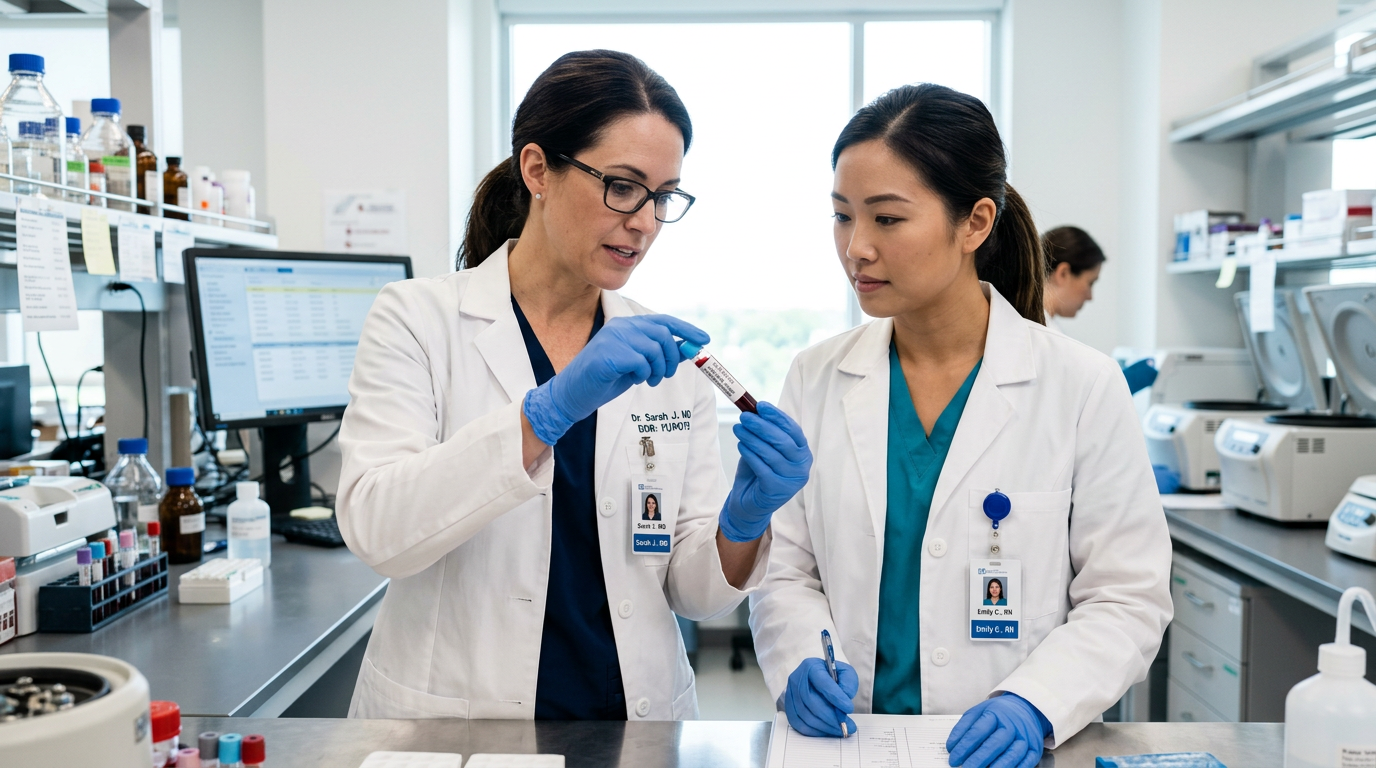 Two female healthcare providers examining a blood sample for tuberculosis testing in a modern medical clinic.