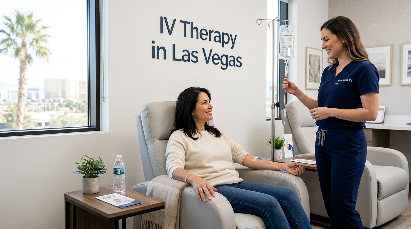 A patient receiving IV therapy in a modern Las Vegas medical clinic with 'IV Therapy in Las Vegas' text on the wall.