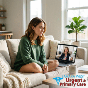 A young woman sitting on a couch in a bright living room using her laptop for a professional teletherapy video call with the Sahara West logo in the corner.