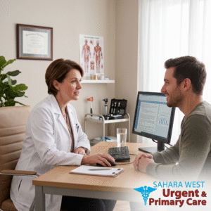 A medical provider in a white coat consulting with a patient in a bright, modern clinic office for same-day psychiatric evaluation, featuring the Sahara West logo.