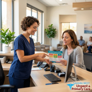 A clinic receptionist explaining medical payment plans to a patient at a modern front desk, featuring the Sahara West logo in the corner.