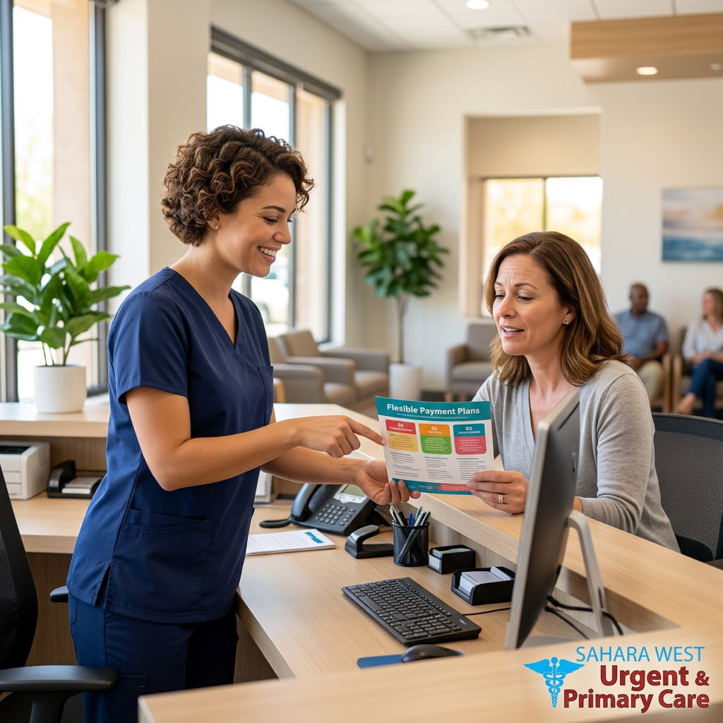 A clinic receptionist explaining medical payment plans to a patient at a modern front desk, featuring the Sahara West logo in the corner.