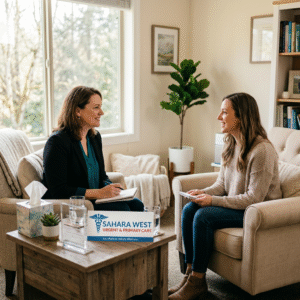 A professional and empathetic mental health consultation at Sahara West Urgent & Primary Care, showing a therapist and patient in a bright, calming office setting.
