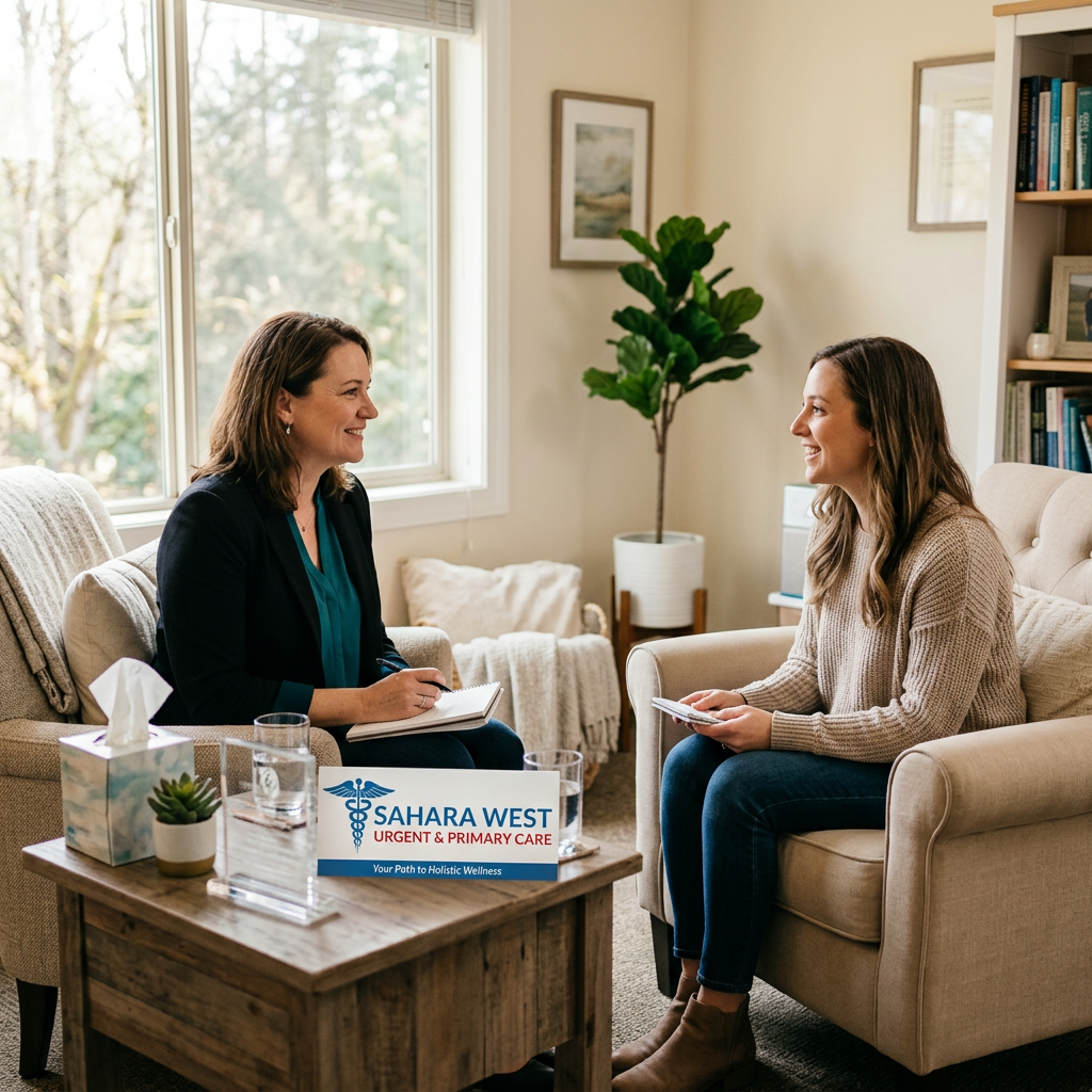 A professional and empathetic mental health consultation at Sahara West Urgent & Primary Care, showing a therapist and patient in a bright, calming office setting.