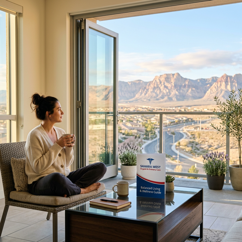 A serene morning scene in Las Vegas showing a person practicing mindfulness near a window with mountain views, featuring Sahara West Urgent & Primary Care branding.
