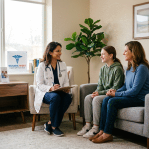 A compassionate family consultation at Sahara West Urgent & Primary Care, featuring a healthcare provider offering support to a parent and teenager in a warm, professional setting.