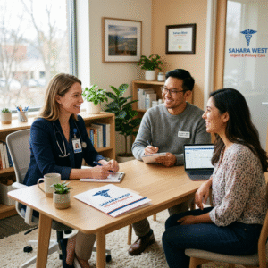 A physician and a mental health specialist collaborating during a patient consultation at Sahara West Urgent & Primary Care, emphasizing integrated healthcare.
