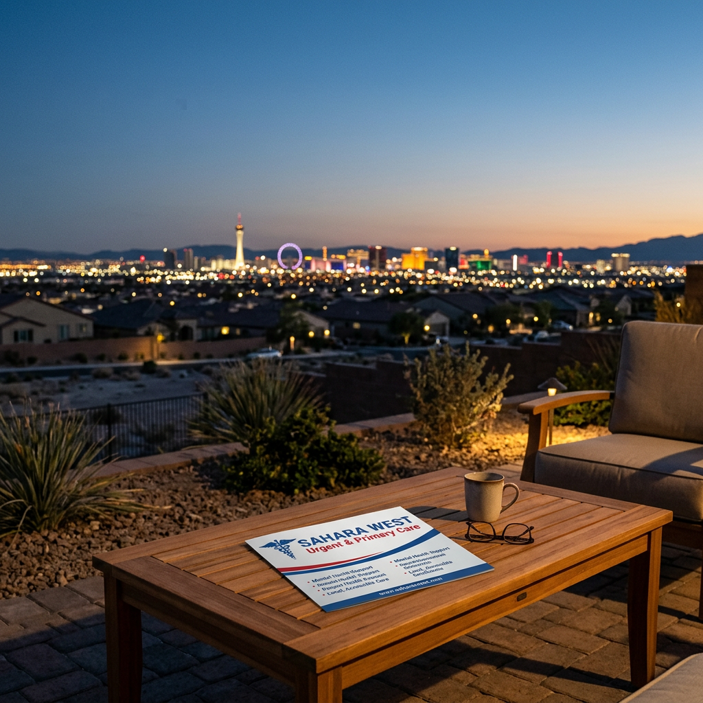 A twilight view of the Las Vegas skyline from a peaceful residential area, featuring Sahara West Urgent & Primary Care branding to represent local mental health support.