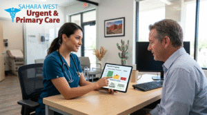 A healthcare provider explaining A1C diabetes screening results to a patient on a digital tablet at Sahara West Urgent & Primary Care.