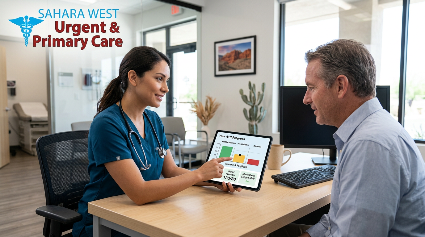 A healthcare provider explaining A1C diabetes screening results to a patient on a digital tablet at Sahara West Urgent & Primary Care.