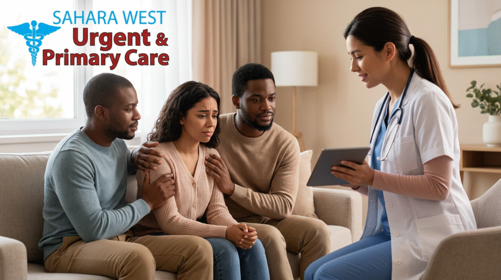 A supportive family member and a healthcare provider comforting a loved one during a mental health consultation at Sahara West Urgent & Primary Care.