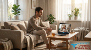 A patient participating in a remote teletherapy session on a laptop from the comfort of home, featuring Sahara West Urgent & Primary Care branding.