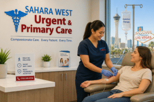 Sahara West Urgent Care nurse providing IV hydration therapy to a patient in a Las Vegas clinic