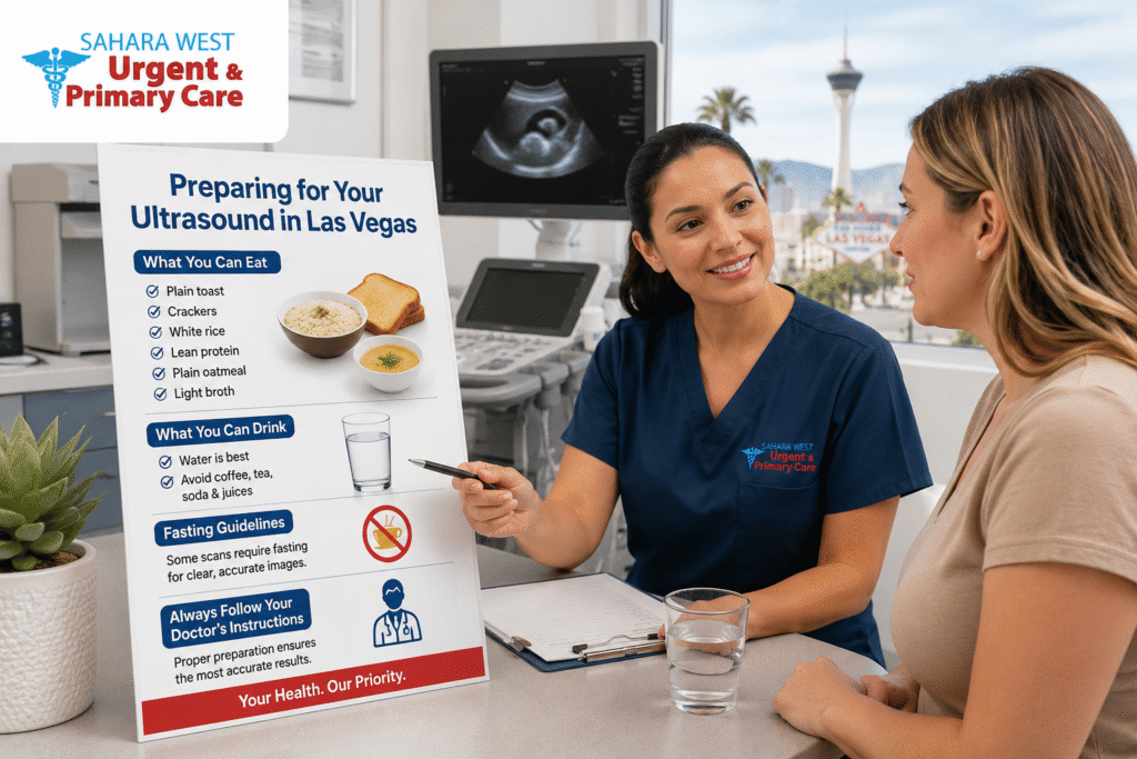 Healthcare provider explaining ultrasound preparation, including fasting, food, and water guidelines, at Sahara West Urgent Care in Las Vegas.