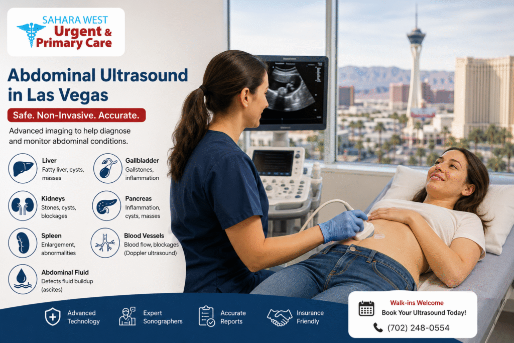 Abdominal ultrasound examination at Sahara West Urgent Care in Las Vegas.
