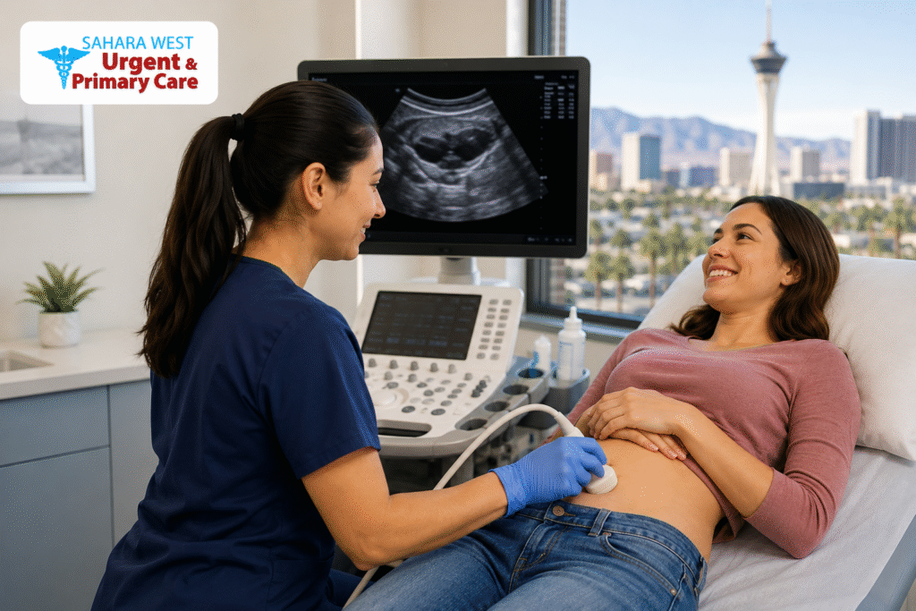 Healthcare professional performing a pelvic ultrasound on a patient at Sahara West Urgent & Primary Care in Las Vegas.