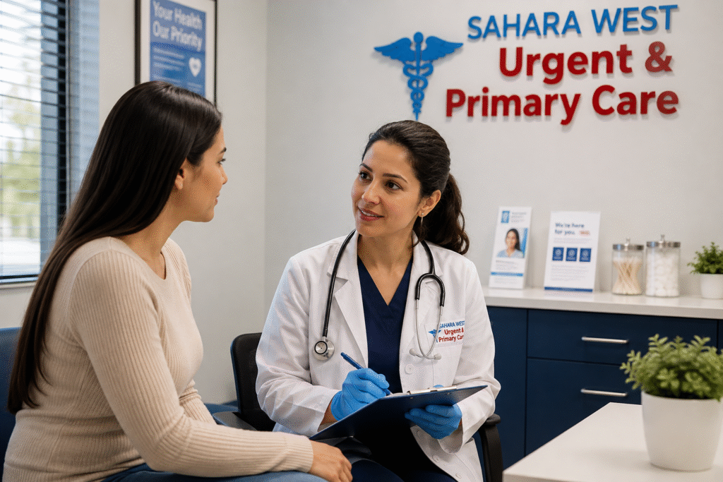 Healthcare provider consulting with a patient at Sahara West Urgent & Primary Care clinic in Las Vegas during a private medical appointment.