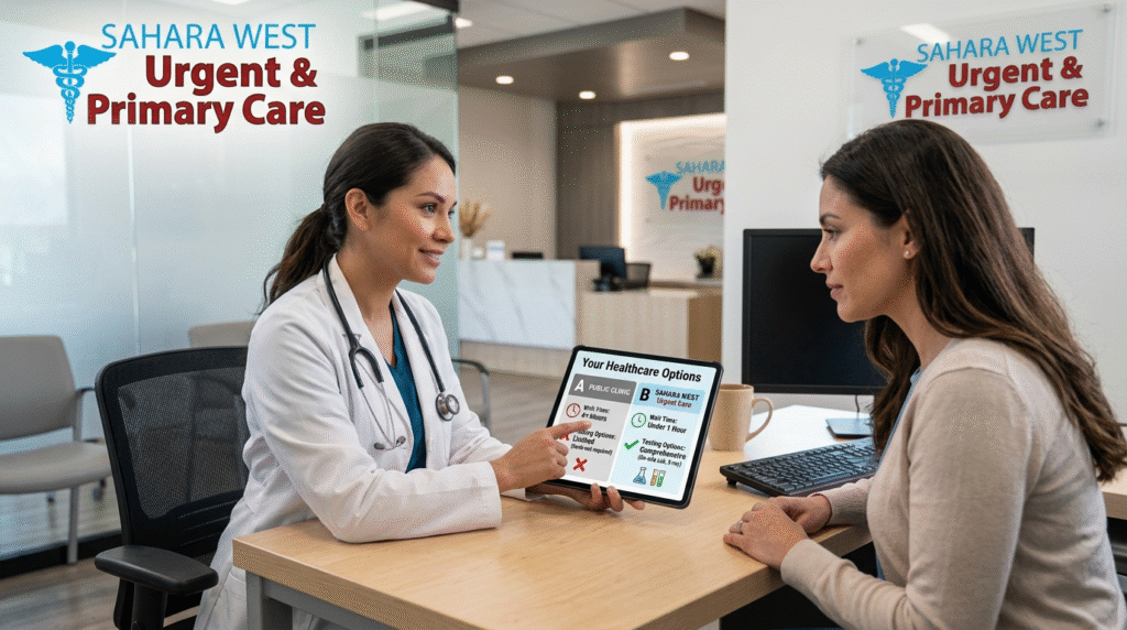 A healthcare provider comparing diabetes testing options and wait times with a patient on a tablet at Sahara West Urgent & Primary Care.