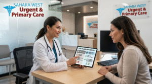 A healthcare provider comparing diabetes testing options and wait times with a patient on a tablet at Sahara West Urgent & Primary Care.