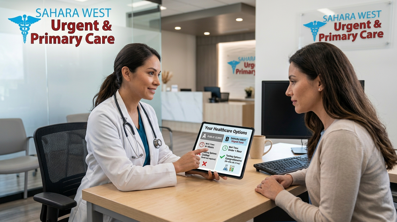 A healthcare provider comparing diabetes testing options and wait times with a patient on a tablet at Sahara West Urgent & Primary Care.