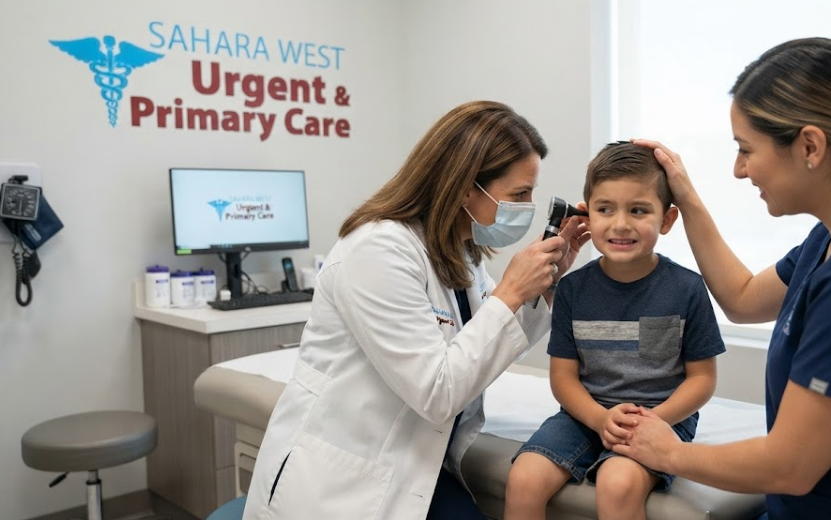 A doctor using an otoscope to examine a young boy's ear at Sahara West Urgent Care, with a nurse assisting and the clinic's logo displayed clearly on the wall.