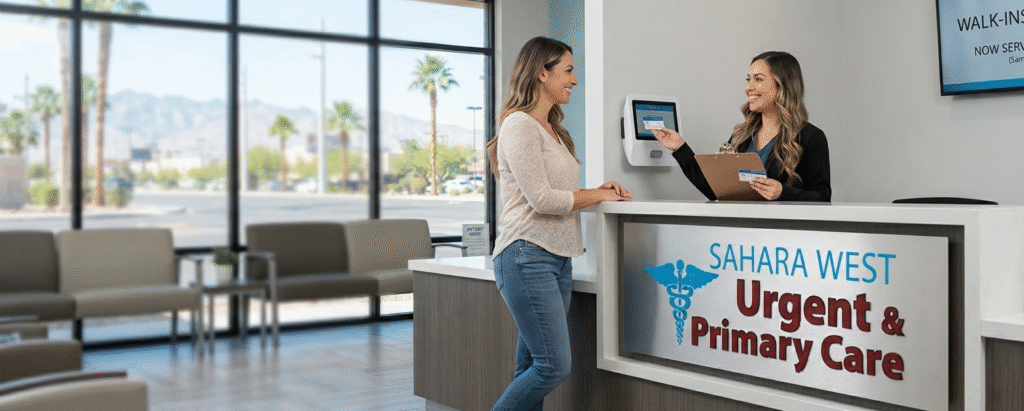 A professional photograph inside the Sahara West Urgent Care clinic in Las Vegas. A smiling receptionist assists a patient at the front desk, handing back an ID card. The clinic logo, featuring a caduceus and red/blue text, is clearly displayed on the counter. Large windows show a Las Vegas mountain view with palm trees, and a digital screen indicates "WALK-INS WELCOME."