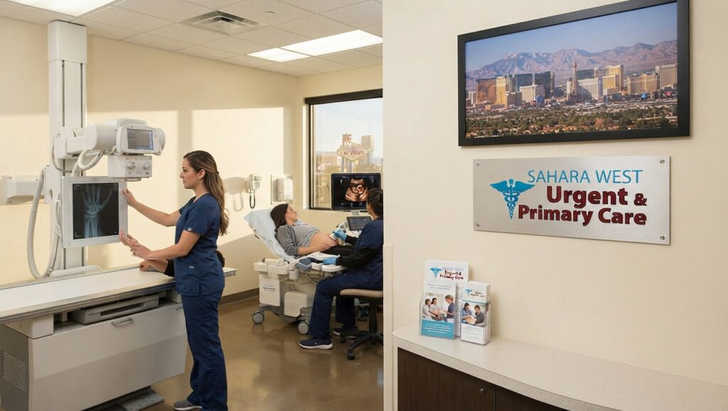 A modern medical clinic interior showing a healthcare technician reviewing an X-ray scan on a digital screen, with an ultrasound examination taking place in the background and the Sahara West Urgent Care and Primary Care logo mounted on the wall.