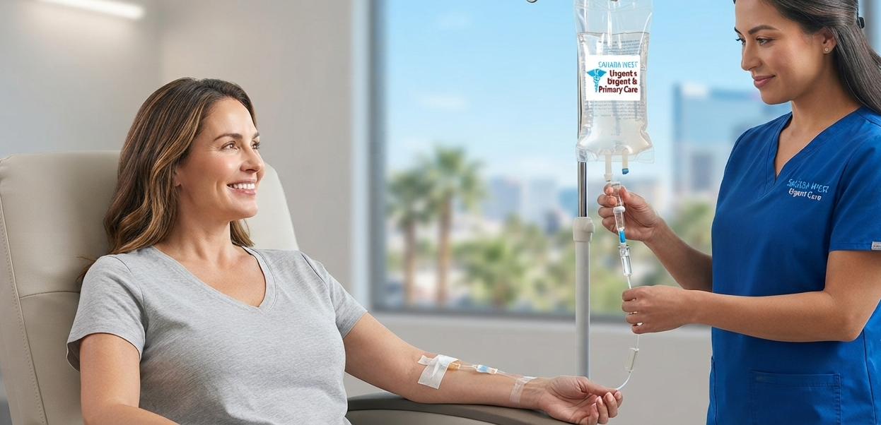 A patient receiving medical IV hydration therapy from a nurse at Sahara West Urgent Care in Las Vegas, with the city skyline visible in the background.