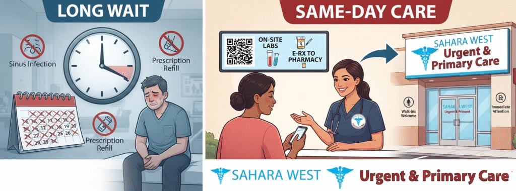 Tired of waiting days or weeks for an open appointment when you're suddenly sick or injured? Whether it's a weekend sinus infection, a sprained ankle, or an urgent prescription refill, waiting isn't an option. Check out our latest guide to navigating same-day medical access, avoiding unnecessary ER visits, and getting fast-track treatment right here in Las Vegas at Sahara West Urgent & Primary Care!
