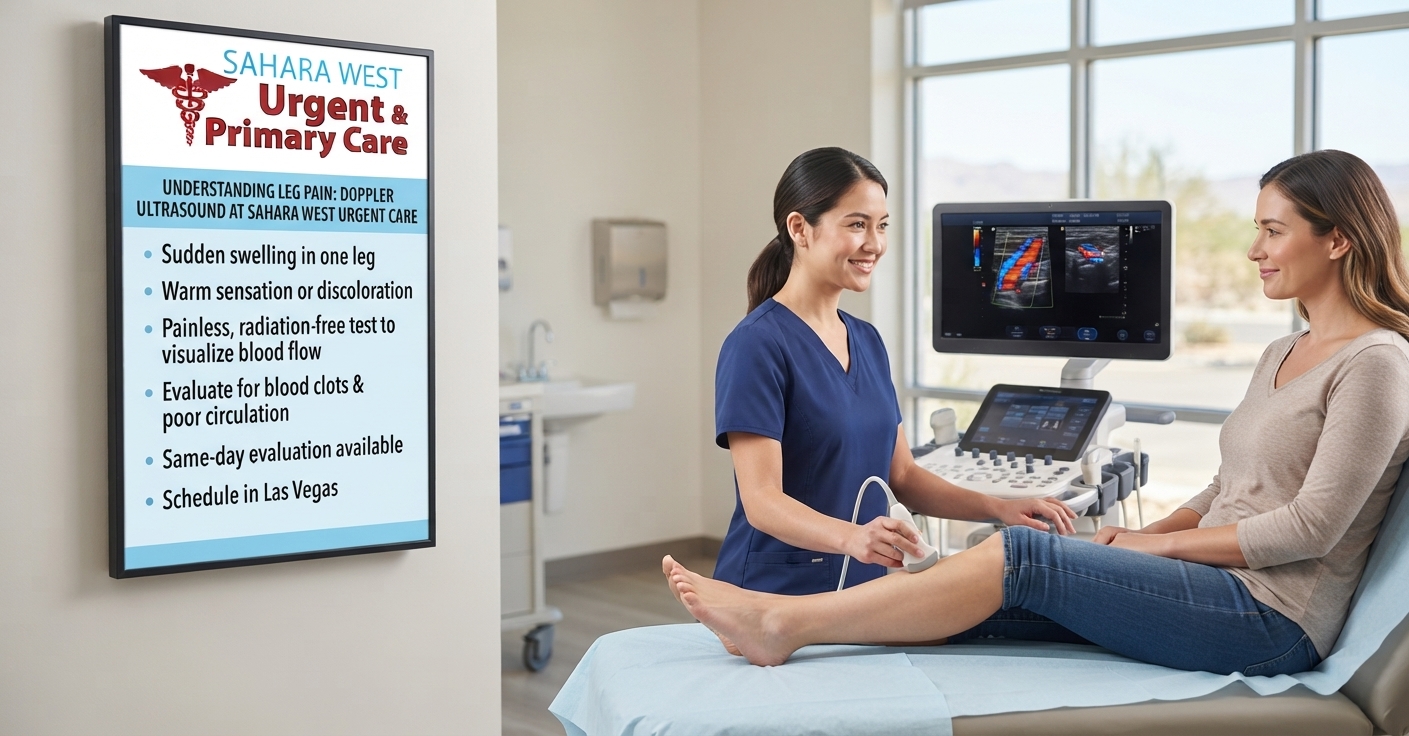 A medical professional performing a Doppler ultrasound on a patient's leg in a clean clinic setting, with an informative sign for "Sahara West Urgent & Primary Care" on the wall detailing the procedure's benefits and signs.