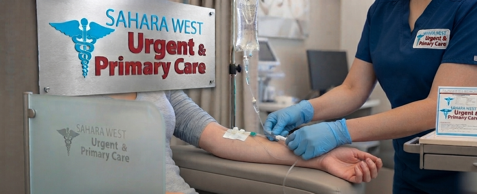 A nurse administering IV hydration therapy to a patient in a reclining chair at Sahara West Urgent Care in Las Vegas, with branded signage visible in the background.