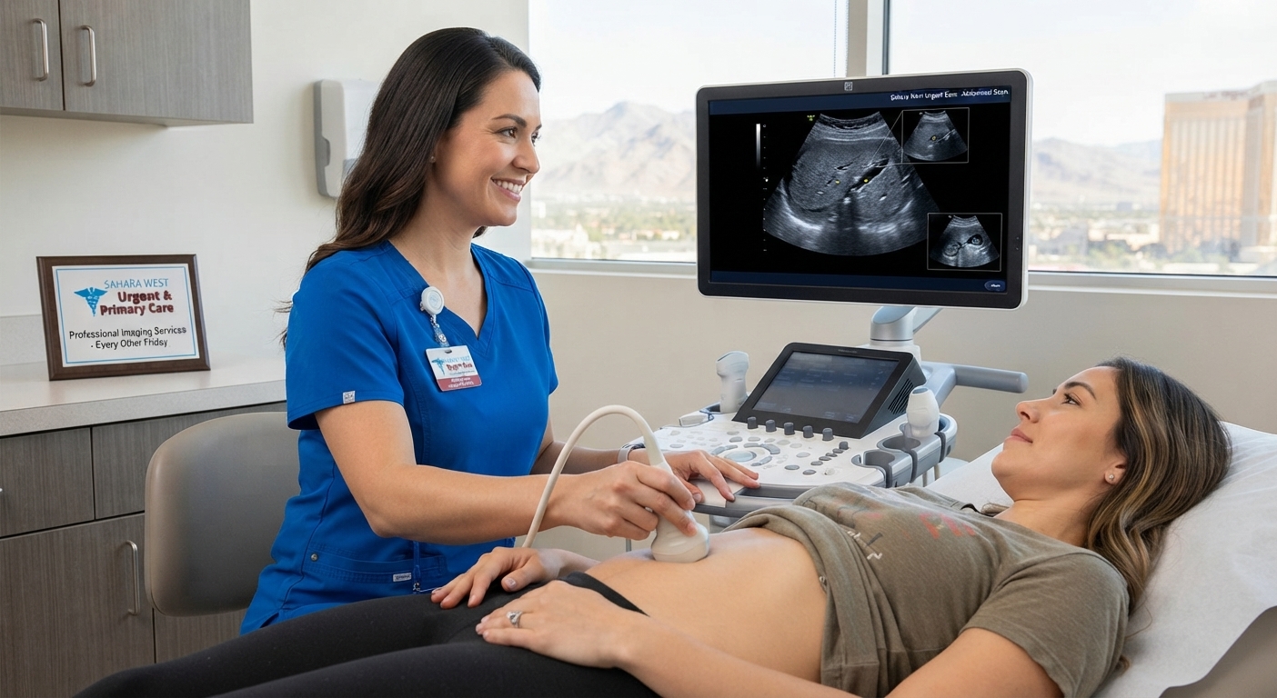 A healthcare technician in blue scrubs performs an abdominal ultrasound on a patient lying on an exam table at Sahara West Urgent Care, with the monitor displaying an internal organ scan and the clinic's framed logo placed on a cabinet.