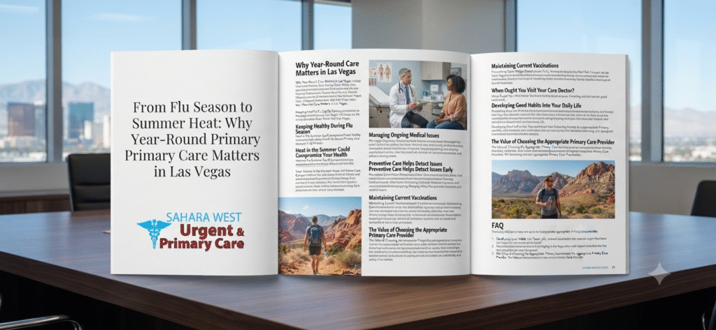 A realistic photograph of an open professional medical publication resting on a conference table with a blurred Las Vegas skyline in the background, showcasing the Sahara West Urgent & Primary Care branding, informative health articles, and outdoor lifestyle photography.