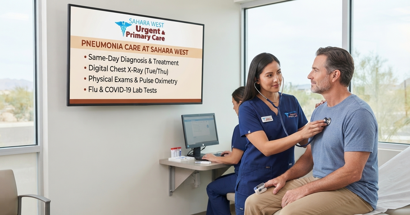 A friendly medical professional performing a physical exam on a patient with a stethoscope in a modern Sahara West Urgent & Primary Care clinic, with an informational screen in the background highlighting pneumonia care services.