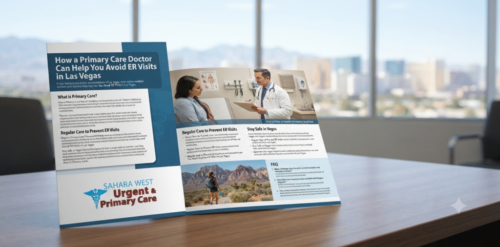 A realistic photograph of an open professional medical brochure resting on a conference table with a blurred Las Vegas skyline in the background, featuring the Sahara West Urgent & Primary Care branding, informative healthcare copy, and outdoor scenery.